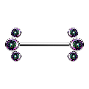Threadless barbell, silver front, three dark multicolor...