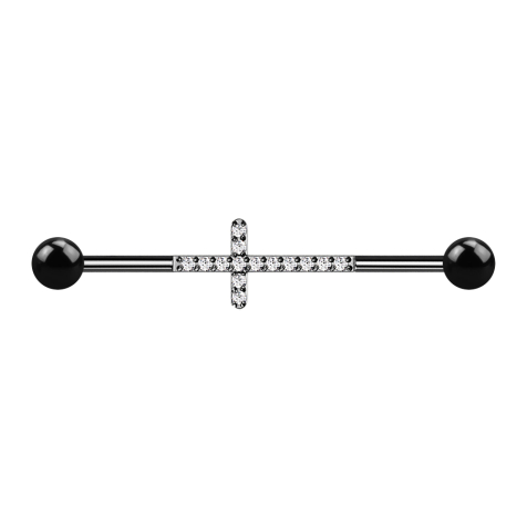 Barbell nero con due sfere Croce con cristalli argento