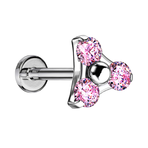 Micro Threadless Labret argento triangolo tre cristalli rosa
