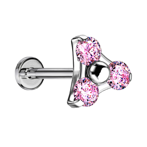 Micro Labret sans filetage argent triangle trois cristaux rose