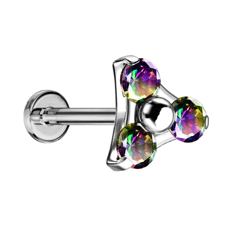Micro Threadless Labret Silver Triangle Three Crystals Dark Multicolor