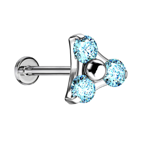 Micro Labret sans filetage argent triangle trois cristaux aqua