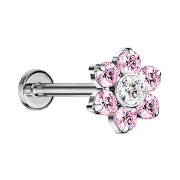 Micro labret sans filetage argent fleur cristaux rose