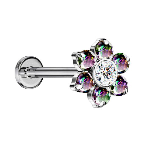 Micro labret sans filetage argent fleur cristaux multicolores foncés
