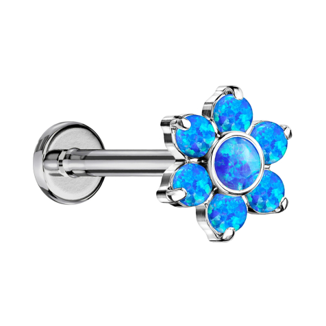 Micro Threadless Labret Silver Flower Opal Blue