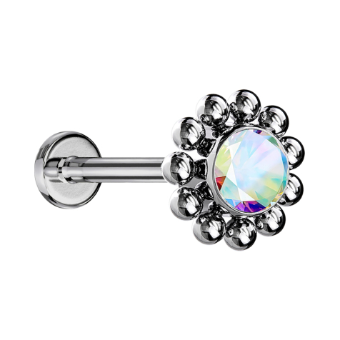 Micro Threadless Labret silber Kugelblume Kristall multicolor