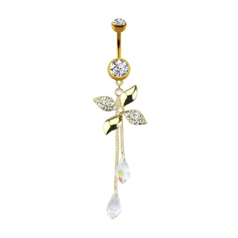 Banane dorée 14k avec boule et cristal argenté Pendentif roue de fleurs et chaînes
