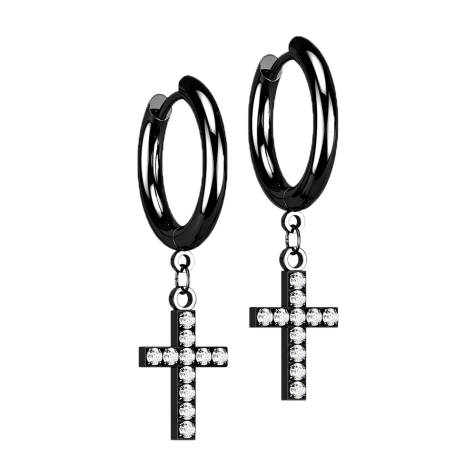 Boucles doreilles noires pendentif croix avec cristaux