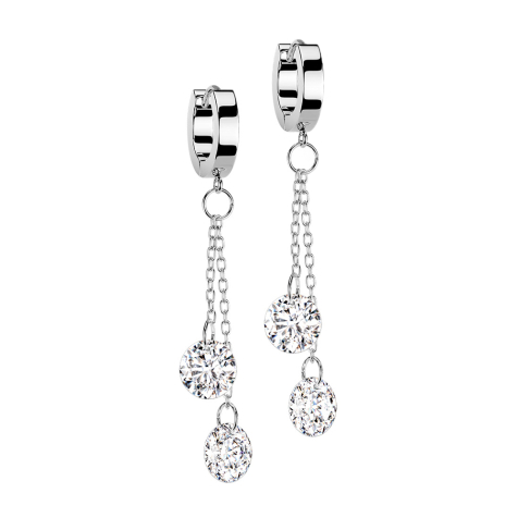 Boucle doreille à rabattre pendentif argent deux chaînes avec cristal