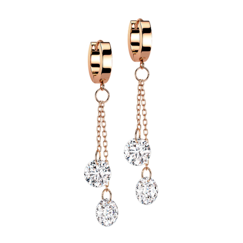 Boucles doreilles à clapet or rose pendentif deux chaînes avec cristal