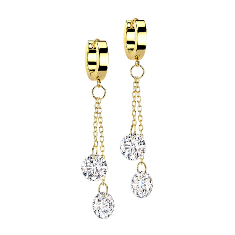 Boucles doreilles à clapet pendentif doré deux chaînes avec cristal