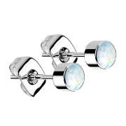 Silver cylinder stud earrings with white opal