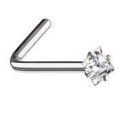Angled nose stud, silver, square crystal set in silver
