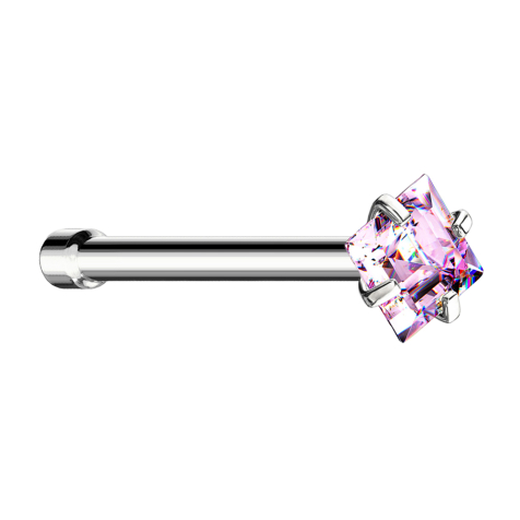 Clous de nez droit argent cristal carré serti de rose