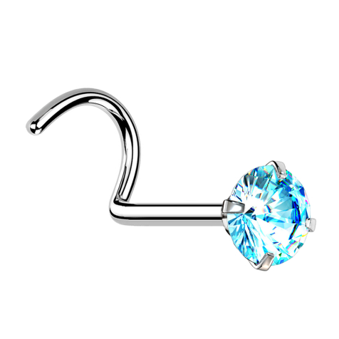 Perno nasale curvo in argento con cristallo tondo aqua set