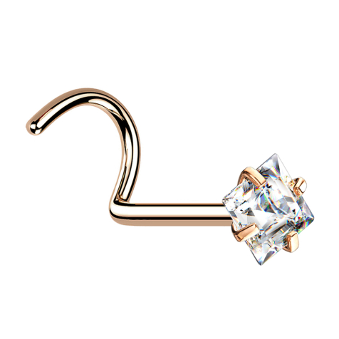 Nasenstecker gebogen rosegold quadratischer Kristall silber gefasst