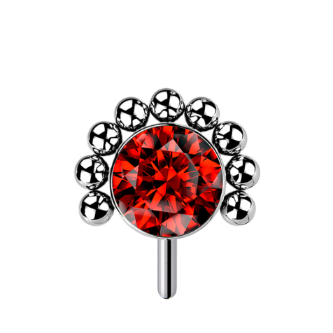 Threadless argent avant demi-fleur boule cristal rouge
