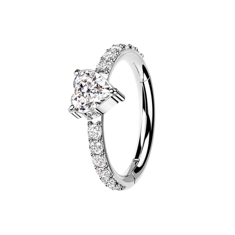 Bague micro segmentée pliable argentée avec cristaux latéraux et cœur en cristal argenté