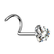 Nose stud curved silver crystal heart set in silver