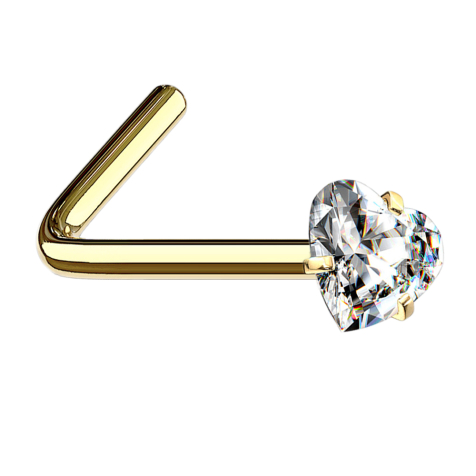 Clous de nez coudés dorés, cœur en cristal serti dargent