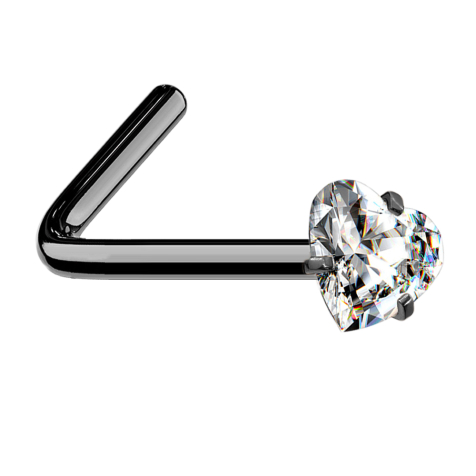 Clou de nez coudé noir cœur en cristal serti dargent