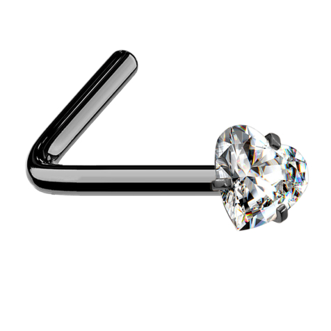 Angled nose stud black crystal heart set in silver