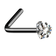 Angled nose stud black crystal heart set in silver