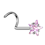 Nose stud bent silver crystal star pink set