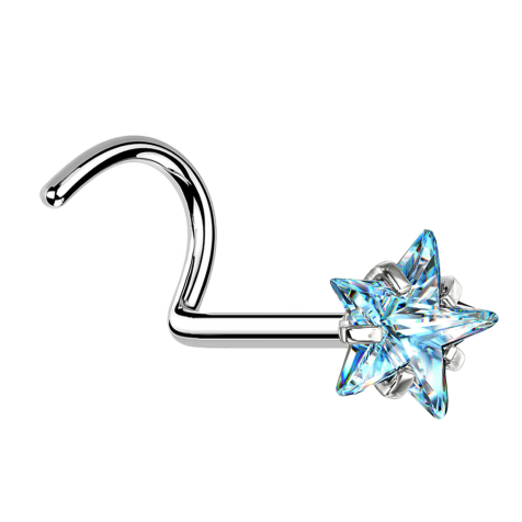 Nose stud bent silver crystal star aqua set