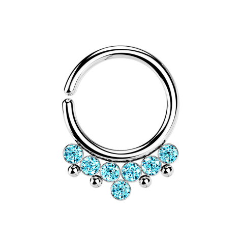 Micro piercing ring silver four balls and seven crystals aqua