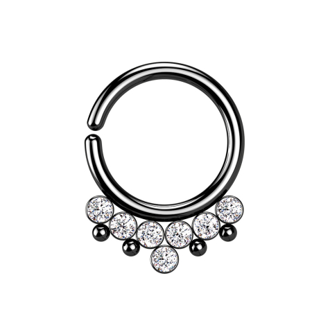 Micro piercing ring black four balls and seven crystals silver