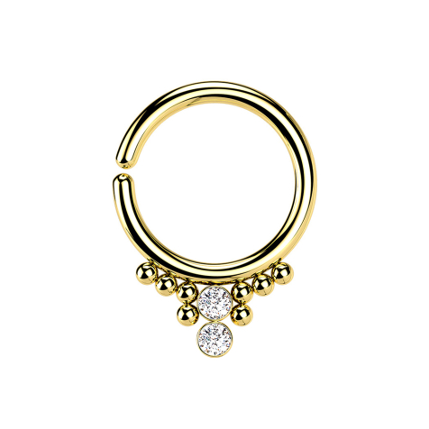 Gold-plated micro piercing ring with eight spheres and two silver crystals