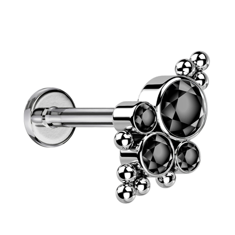 Micro Labret sans filetage argenté boules quatre cristaux noirs