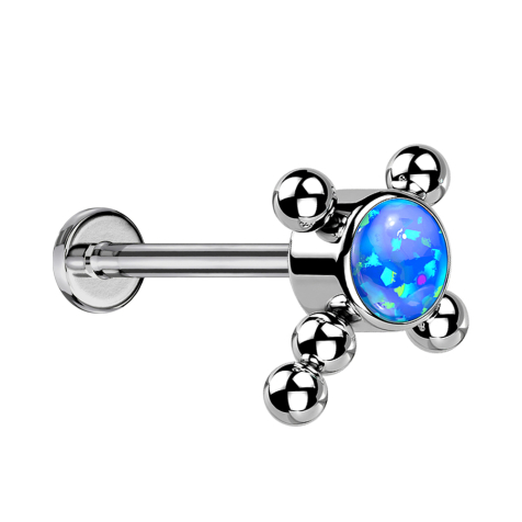Micro Threadless Labret silber Kreuz Kugeln Opal blau