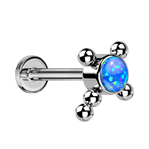 Micro Labret sans filetage argenté boules croix opale bleue