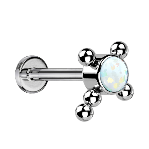 Micro Labret sans filetage argenté boules croisées opale blanche
