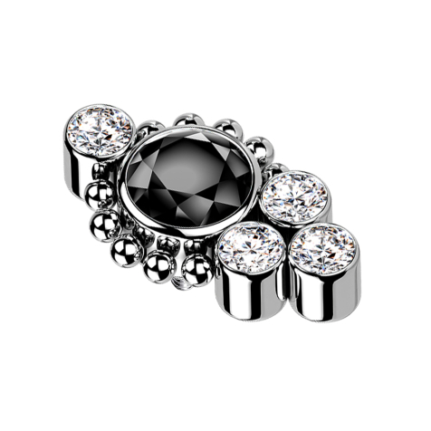 Dermal anchor silver balls four crystals silver crystal black