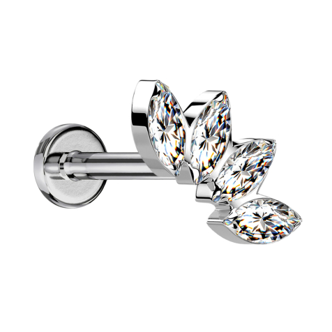 Micro Labret Internal Thread Silver Fan with Four Crystals Silver