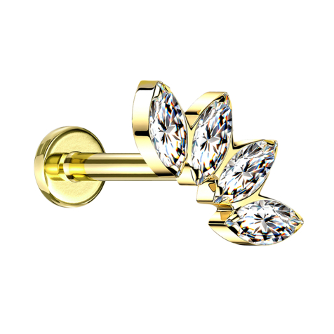 Micro Labret filetage intérieur plaqué or Éventail avec quatre cristaux argentés