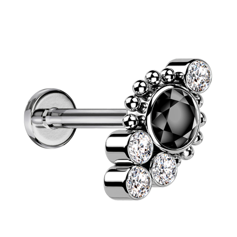 Micro Labret Internal Thread Silver Balls Four Crystals Silver Crystal Black