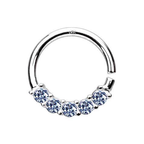 Micro piercing ring 14k white gold five crystals silver