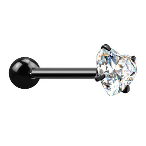 Barbell noir avec boule et cœur en cristal serti dargent