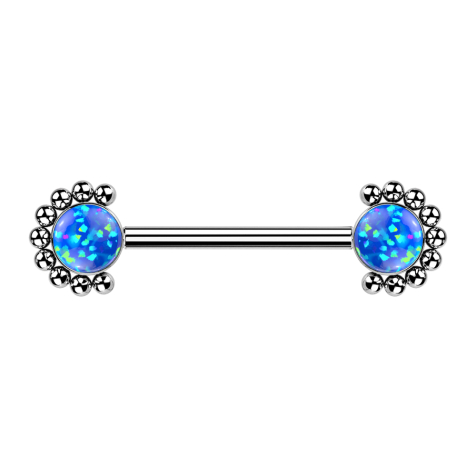 Threadless barbell, silver front, half-flower ball, opal blue