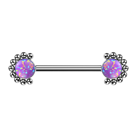 Threadless barbell, silver front, half-flower ball, opal violet