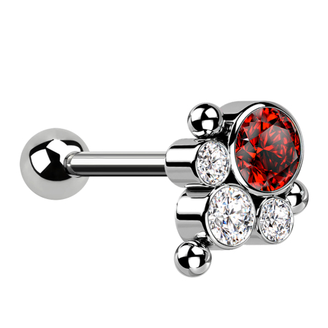 Micro Barbell Threadless silver with ball and three balls, four crystals, silver and red