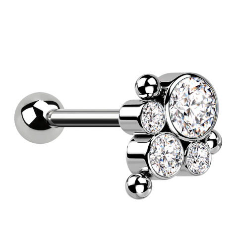 Micro Barbell Threadless silver with ball and three balls four crystals silver
