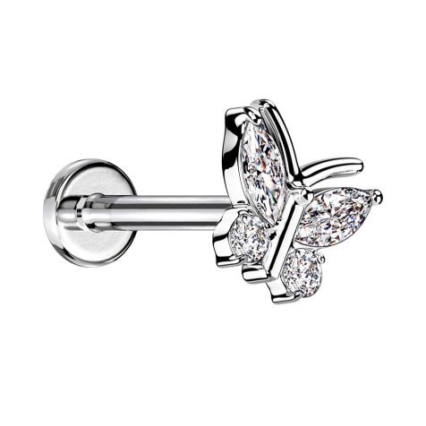 Micro labret internal thread silver butterfly four crystals silver