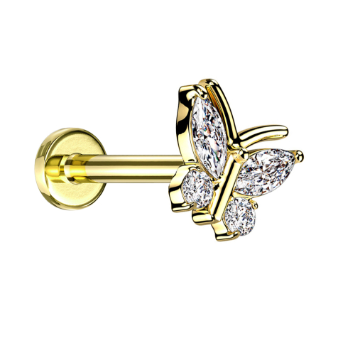 Micro labret internal thread gold-plated butterfly four crystals silver