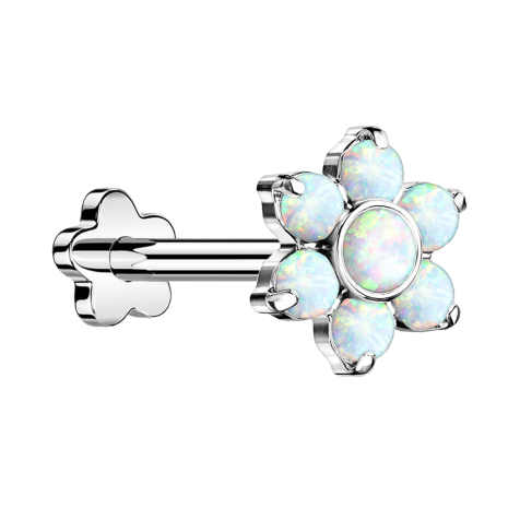 Micro labret sans filetage Fleur argentée Fleur opale blanche