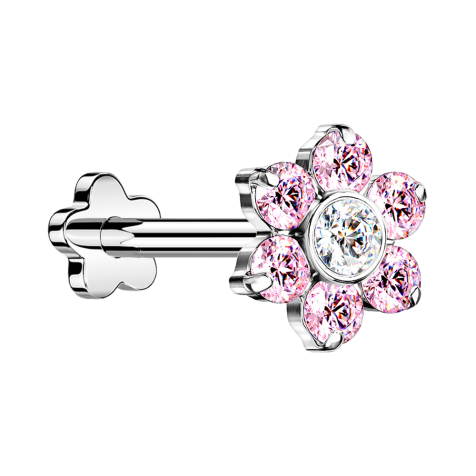 Micro Threadless Labret Flower Silver Flower Crystals Pink